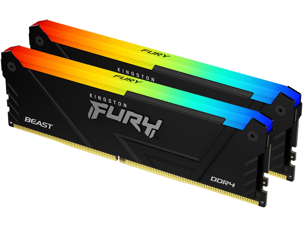 32GB (Kit of 2*16GB) DDR4-3200 Kingston FURY® Beast DDR4 RGB, PC25600, CL16, 2Rx8, 1.35V, Kingston's proprietary chips, Auto-overclocking, Asymmetric BLACK low-profile heat spreader, Dynamic RGB effects featuring Kingston FURY Infrared Sync technology, Intel XMP Ready (Extreme Memory Profiles)