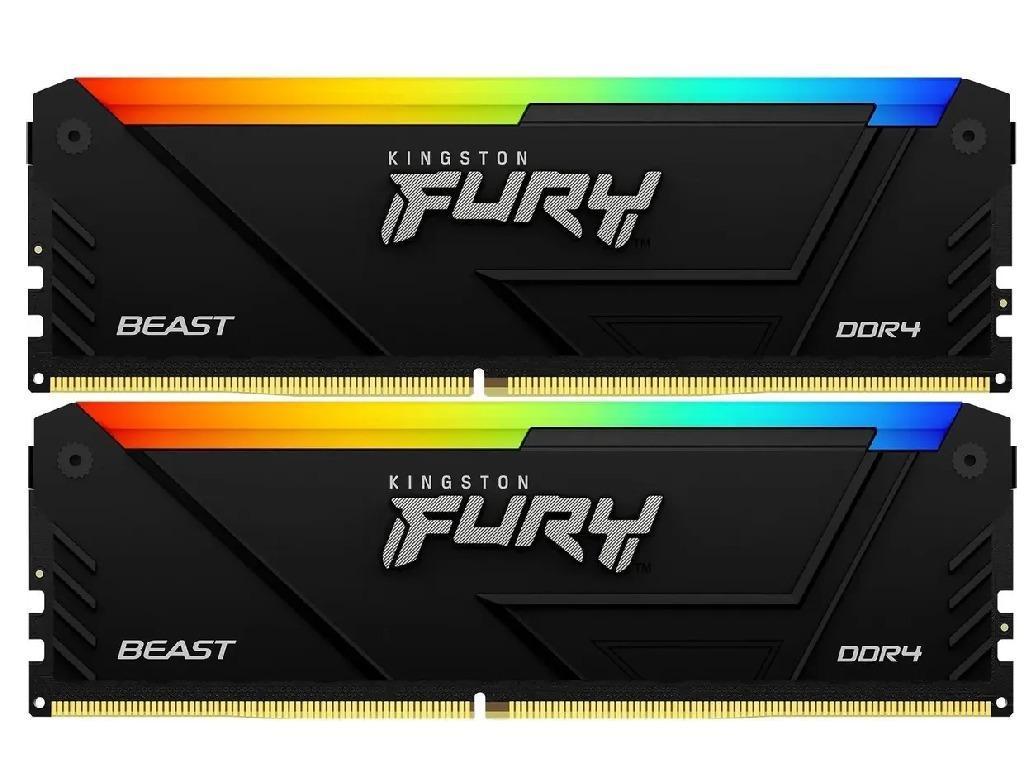 32GB (Kit of 2*16GB) DDR4-3200 Kingston FURY® Beast DDR4 RGB, PC25600, CL16, 1Rx8, 1.35V, Auto-overclocking, Asymmetric BLACK low-profile heat spreader, Dynamic RGB effects featuring Kingston FURY Infrared Sync technology, Intel XMP Ready (Extreme Memory Profiles)