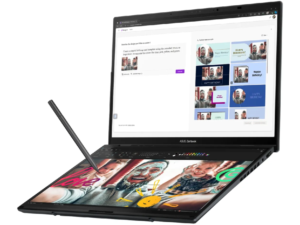 NB ASUS 14.0" Zenbook DUO OLED UX8406CA Gray (Core Ultra 9 285H 32Gb 1Tb Win 11) 14.0" OLED FHD+ (1920x1200) Touch Glare, Intel Core Ultra 9 285H (16x Core, 6x 5.4GHz, 8x 4.5GHz, 2x 2.5GHz, 24Mb), 32Gb (Onboard) LPDDR5X, 1Tb PCIE, Intel Arc Graphics, HDMI, 802.11be, 2x TB4, 1x USB-A, IR FHD Webcam, Windows 11 Home, 75Wh Battery, Soft Keyboard 0.3kg, 1.35kg, Inkwell Gray, Sleeve, ASUS Pen - миниатюра 2