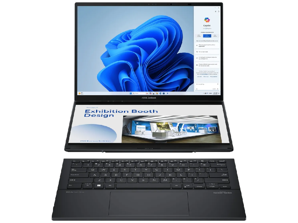 NB ASUS 14.0" Zenbook DUO OLED UX8406CA Gray (Core Ultra 9 285H 32Gb 1Tb Win 11) 14.0" OLED FHD+ (1920x1200) Touch Glare, Intel Core Ultra 9 285H (16x Core, 6x 5.4GHz, 8x 4.5GHz, 2x 2.5GHz, 24Mb), 32Gb (Onboard) LPDDR5X, 1Tb PCIE, Intel Arc Graphics, HDMI, 802.11be, 2x TB4, 1x USB-A, IR FHD Webcam, Windows 11 Home, 75Wh Battery, Soft Keyboard 0.3kg, 1.35kg, Inkwell Gray, Sleeve, ASUS Pen
