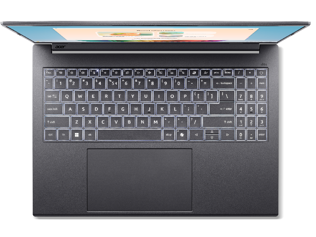 NB Acer 16.0" Aspire 16 AI OLED A16-61M Gray (Ryzen AI 5 330 16Gb 1Tb) 16.0" OLED WUXGA (2048x1280) Non-glare, AMD Ryzen AI 5 330 (4x Core, 2.0GHz - 4.5GHz, 8Mb), 16Gb (Onboard) LPDDR5X, 1Tb PCIE, AMD Radeon Graphics, HDMI, 802.11ax, 2x USB4, 2x USB-A, Card Reader, FHD Webcam, Linux, 65Wh Battery, Illuminated Keyboard, 1.55kg, Steel Gray - миниатюра 4