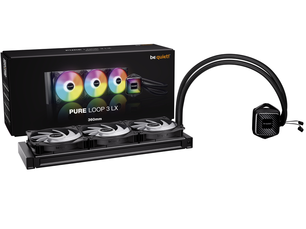 AIO Liquid Cooling be quiet! "Pure Loop 3 LX 360mm" (15.4-37.2dB, 3x120mm, PWM, 2100RPM, 61.8 CFM, Pump5500RPM, ARGB 1280g.) Dimensiune ventilatoare 120 mm Numarul de ventilatoare incluse 3 Conector pentru ventilator 4 pini Efecte de iluminare / tip LED ARGB Viteza maxima a ventilatorului 2100 rpm Nivel zgomot 36,9 dBA
