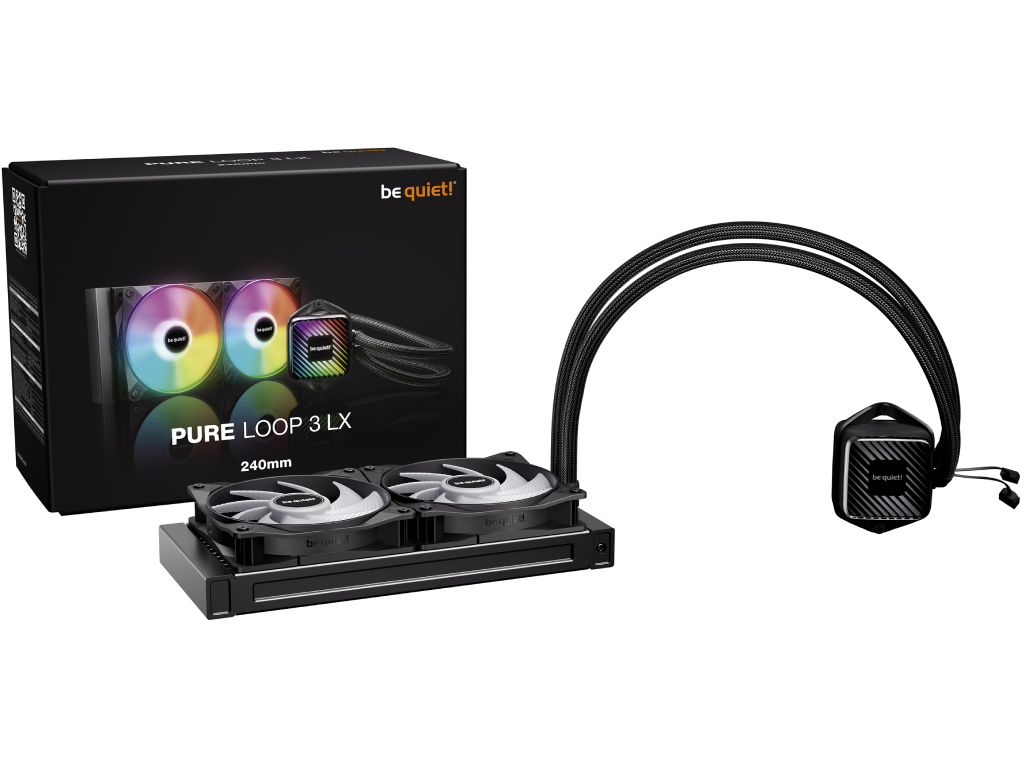 AIO Liquid Cooling be quiet! "Pure Loop 3 LX 240mm" (15.4-35.2dB, 2x120mm, PWM, 2100RPM, 61.8 CFM, Pump5500RPM, ARGB 1050g.) Dimensiune ventilatoare 120 mm Numarul de ventilatoare incluse Conector pentru ventilator 4 pini Viteza maxima a ventilatorului rpm Nivel zgomot dBA