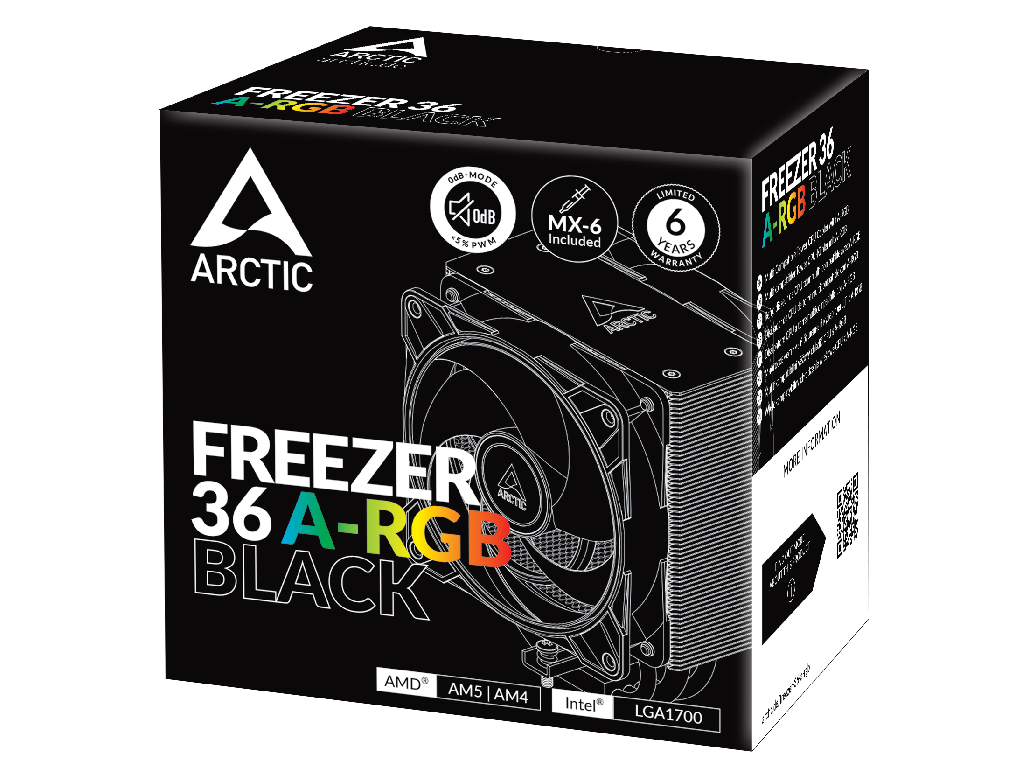 Cooler Arctic Freezer 36 A-RGB (Black) for AMD Intel, Intel LGA1851/LGA1700, AMD AM4/AM5, 2 x FAN P12 PWM PST A-RGB 120mm, 200-2000rpm PWM, Fluid Dynamic Bearing, ACFRE00124A - миниатюра 6