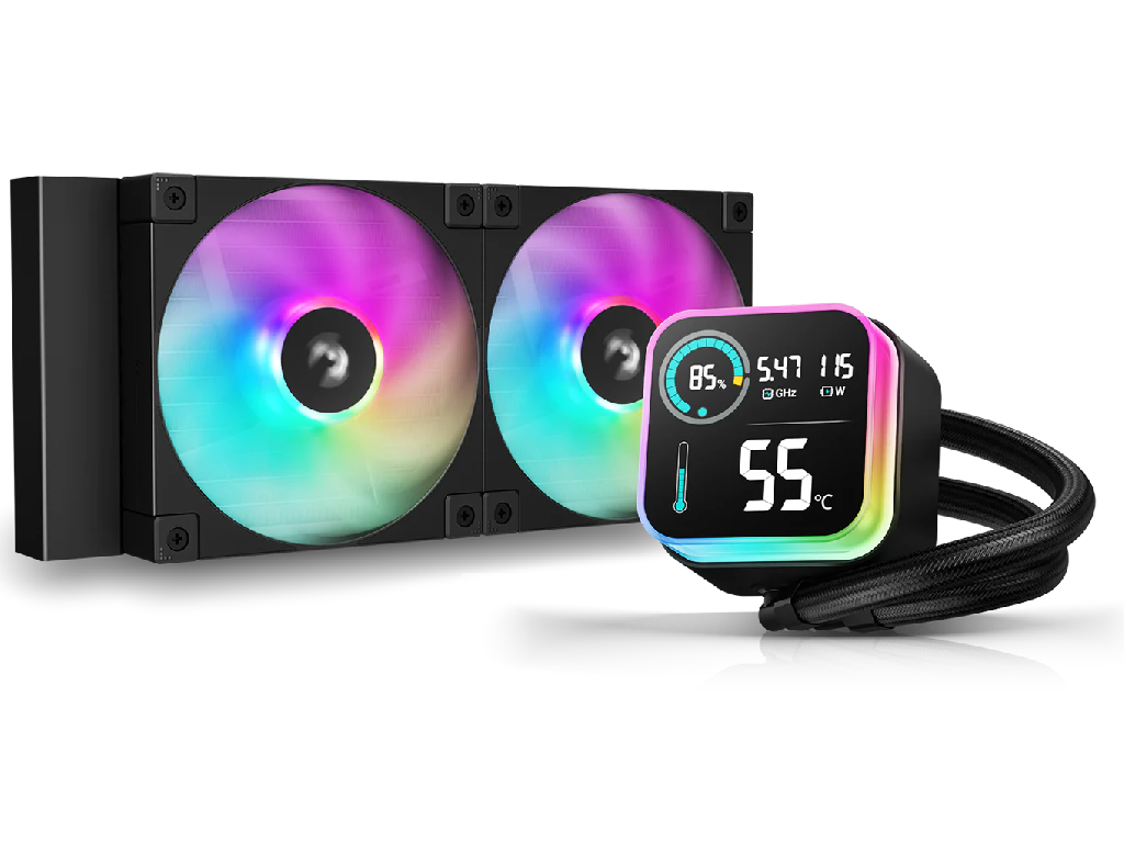 DEEPCOOL Liquid Cooler ”LQ240”, 240mm radiator, Anti-Leak Technology, LGA1851/1700/1200/115x AM5/AM4, up to 280W, 2x 120mm ARGB FD12 fans 600~2400rpm, 38.71dBA, 72.04CFM, 4-pin PWM, Hydro Bearing, 5 PRO Pump 3400rpm, Segment LCD Screen ERA, ARGB Halo on Rotatable magnetic pump head, Black