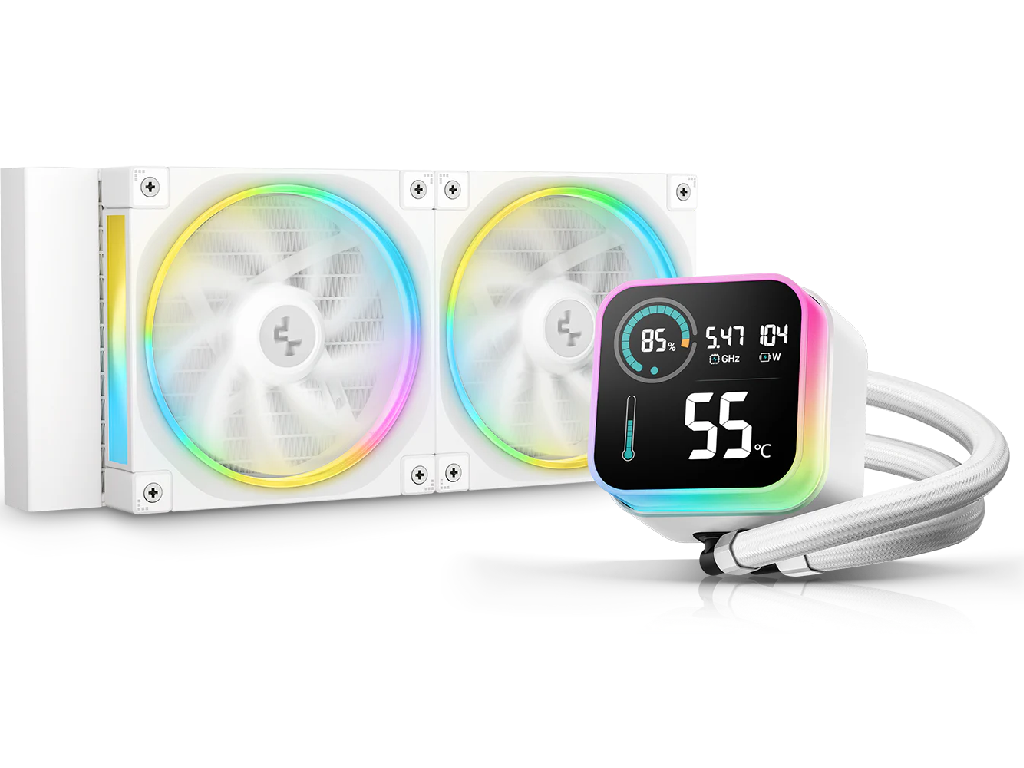 DEEPCOOL Liquid Cooler ”LQ240 WH”, 240mm radiator, Anti-Leak Technology, LGA1851/1700/1200/115x AM5/AM4, up to 250W, 2x 120mm ARGB FL12 fans 500~2150rpm, 32.dBA, 55CFM, 4-pin PWM, Fluid Dymanic Bearing, 5 PRO Pump 3400rpm, Segment LCD Screen ERA, ARGB Halo Rotatable magnetic pump head, White