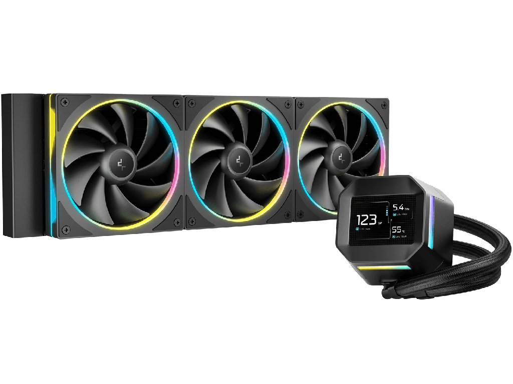 DEEPCOOL Liquid Cooler ”LM360”, 360mm radiator, Anti-Leak Technology, Socket LGA1851/1700/1200/115x AM5/AM4, up to 300W, 3x120mm FL12 SE ARGB PWM fans, 2.4” IPS Screen, Fans 400~2400rpm, 36.07dBA, 66.23CFM, 4pin PWM, Pump 2500~3400rpm, 19.0 dBA, 4pin PWM, Fluid Dynamic Bearing, Black
