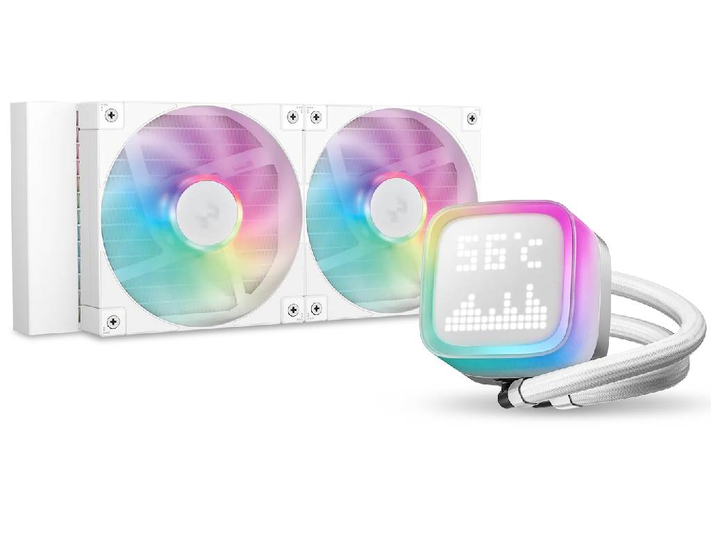 DEEPCOOL Liquid Cooler ”LP240 WH”, 240mm radiator, Anti-Leak Technology, LGA1851/1700/1200/115x AM5/AM4, up to 280W, 2x 120mm ARGB FD12 fans 600~2400rpm, 38.71dBA, 72.04CFM, 4-pin PWM, Hydro Bearing, 5 PRO Pump 3400rpm, 3-phase, 6-slot, 4-pole motor, Dot-matrix Screen, White