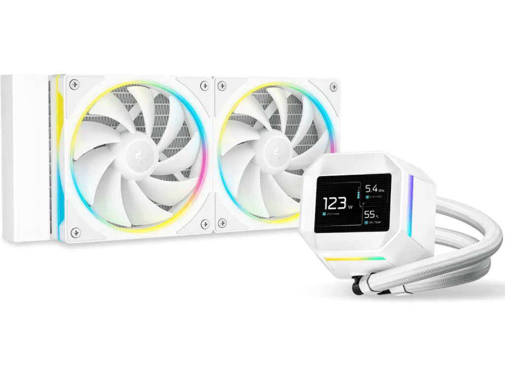 DEEPCOOL Liquid Cooler ”LM240 WH”, 240mm radiator, Anti-Leak Technology, Socket LGA1851/1700/1200/115x AM5/AM4, up to 250W, 2x120mm FL12 SE ARGB PWM fans, 2.4” IPS Screen, Fans 400~2400rpm, 36.07dBA, 66.23CFM, 4pin PWM, Pump 2500~3400rpm, 19.0 dBA, 4pin PWM, Fluid Dynamic Bearing, White